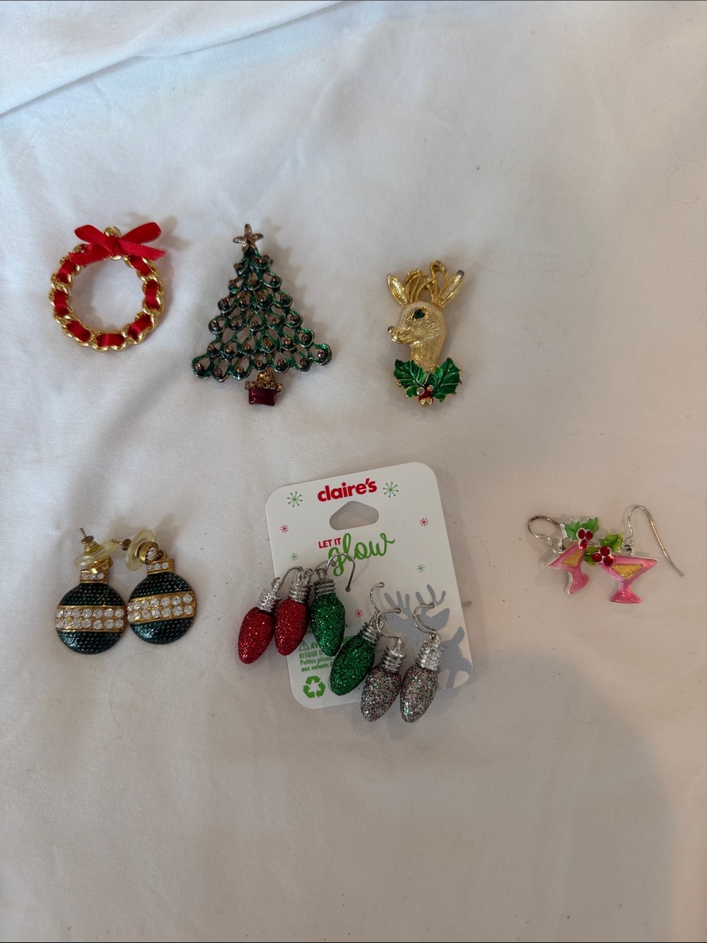 Holiday Christmas Jewelry Lot - Wreath, Tree, Reindeer, Earrings